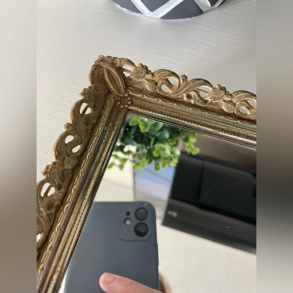 Vintage Large Gold Ornate Rectangular Glass Vanity Mirror Jewelry with stand